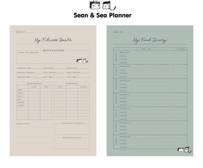 Fitness Planner and Food Diary Planner. Plan you food day easily. Vector illustration. Cute style with Sean and Sea partners. 