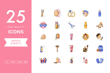 Vector set of Makeup and Beauty icons. The collection comprises 25 vector icons for mobile applications and websites.