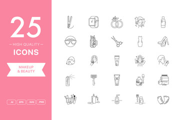 Fototapeta premium Vector set of Makeup and Beauty icons. The collection comprises 25 vector icons for mobile applications and websites.