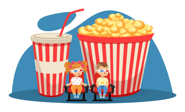 Little Kids in 3D Glasses Sitting and Watching Movie with Huge Popcorn and Coke Behind Vector Illustration