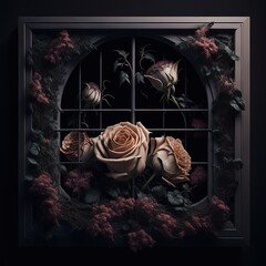 Frame with roses. Colorful flowers and black background. Generative A.I