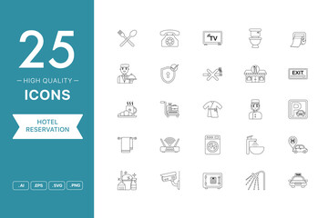 Vector set of Hotel Reservation icons. The collection comprises 25 vector icons for mobile applications and websites.