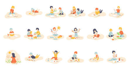 Little Boys and Girls Sitting on Floor Painting, Cutting with Scissors, Drawing with Pencils, Modelling from Plasticine Vector Set