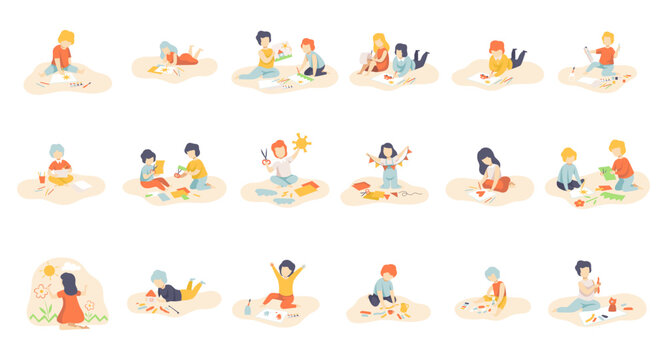 Little Boys and Girls Sitting on Floor Painting, Cutting with Scissors, Drawing with Pencils, Modelling from Plasticine Vector Set