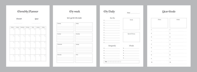 Daily and weekly and monthly and year Goals planner. Minimalist planner template set. Vector illustration.	 