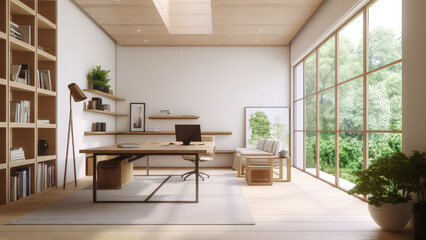 Fototapeta premium A bright home office with captivating view of the lush summer forest through the floor-to-ceiling windows that floods the natural light into the room. Photorealistic illustration, Generative AI