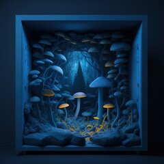 Mushrooms in the forest. Fairy tale house at night. Generative A.I