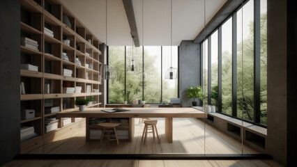 Fototapeta na wymiar An inviting home office with a built-in bookcase that stretches from floor to ceiling, offering the surrounding forest through the expansive windows. Photorealistic illustration, Generative AI