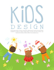 Kids Lying and Drawing Picture on White Paper Vector Banner Template