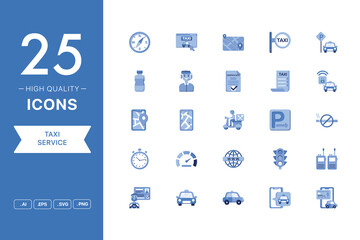 Vector set of Taxi Service icons. The collection comprises 25 vector icons for mobile applications and websites.