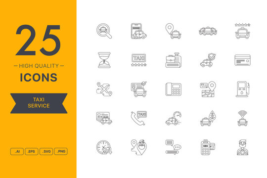 Vector set of Taxi Service icons. The collection comprises 25 vector icons for mobile applications and websites.