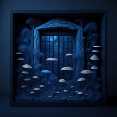 Mushrooms in the forest. Fairy tale house at night. Generative A.I