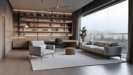 Fototapeta premium A large home office that features a comfortable sofa and chair, offering a captivating view of the city skyline through the expansive window. Photorealistic illustration, Generative AI