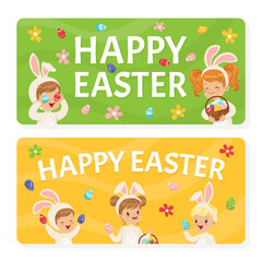 Joyful Children in Bunny Costume Holding Easter Basket and Painted Fggs for Holiday Vector Illustration