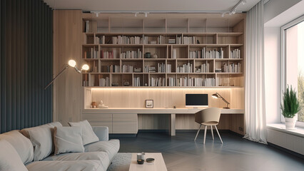 A white home office with all-wood built-in bookcase and desk combination that serves as a functional and stylish workspace. Photorealistic illustration, Generative AI