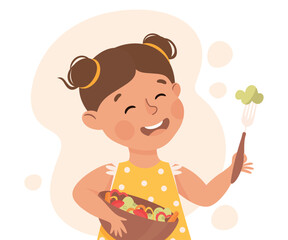 Cute little girl eating vegetables. Happy kid eating healthy food cartoon vector illustration