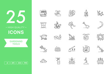 Vector set of Gardening Tools icons. The collection comprises 25 vector icons for mobile applications and websites.