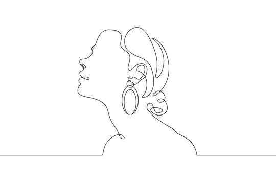 recommend clip art: One continuous line. Female portrait. Profile of a young woman. Earrings in the ears. Valuable jewellery. Bijouterie. One continuous line drawn isolated, white background.