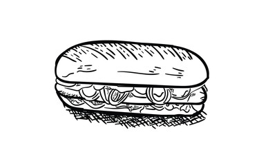 Hand Drawn Sandwich Illustration – Vintage Black and White Deli Food Sketch