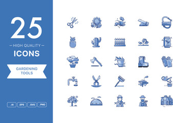 Vector set of Gardening Tools icons. The collection comprises 25 vector icons for mobile applications and websites.