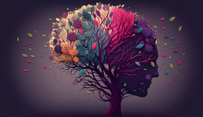 Human brain tree with flowers, self care and mental health concept, positive thinking, creative mind