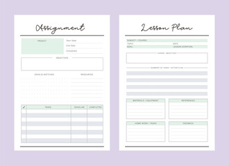 Set of Assignment Lesson Planner. Minimalist planner template set. Vector illustration.	 