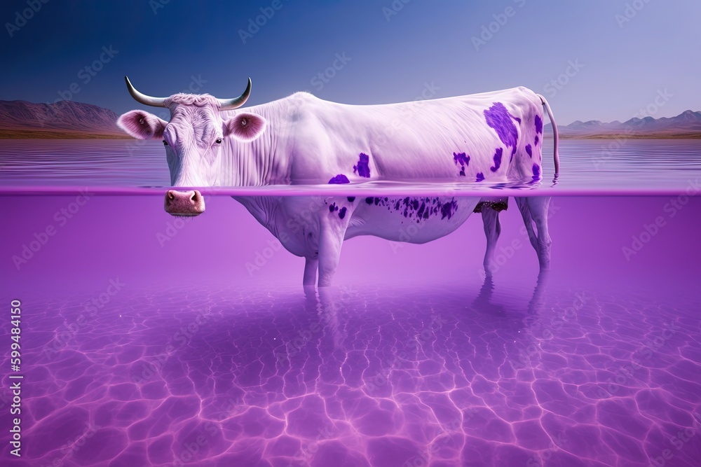 Wall mural Cow in purple water, purple cow, famous chocolate brand, generative ai