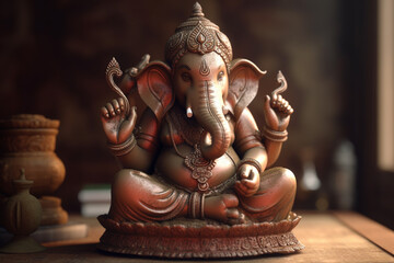 Religion and culture concept. Beautiful Hindu god Ganesha with elephant head sculpture. Generative AI