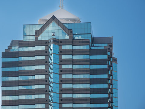Sandton, SOUTH AFRICA - May 2023: Geometric exterior design, top of Rand Merchant Bank building in Sandton