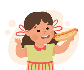 Cute little girl eating hot dog. Happy kid eating fast food cartoon vector illustration