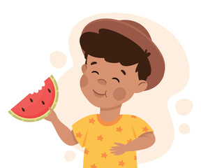 Cute little girl eating watermelon. Happy kid eating healthy food cartoon vector illustration
