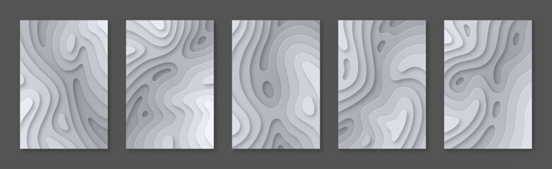 Paper cut topography relief imitation soft banners set. Gray multi layers in gradient texture. Abstract papercut, topographic map, background vector illustration - obrazy, fototapety, plakaty