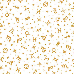 Golden zodiac signs, horoscope symbols seamless pattern on white background. Texture for wallpaper, fabric, wrapping paper, web page design template vector illustration