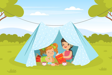 Obraz na płótnie Canvas Cute Girl Sitting in the Yard in Tent and Reading Book with Sweet Donut Vector Illustration