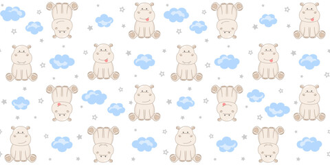 Sitting hippos, blue clouds and small gray stars on a white background. Endless texture with cute tiny behemoths. Vector seamless pattern for wrapping paper, giftwrap, surface texture, cover and print