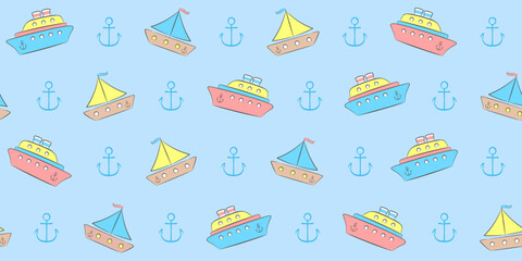 Colorful toy sailboats and steamships on a blue background with anchors. Kids endless texture with ships. Vector seamless pattern for kids cover, wrapping paper, packaging, giftwrap or surface texture