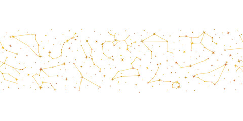 Twelve golden zodiac constellations and shiny stars, trendy astrology seamless pattern. Constellations of stars repeating print for packaging, cover, wrapping paper horizontal vector illustration