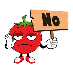 Tomato Fruit Cartoon Mascot holding up a wood sign with word NO. Vector illustration of red tomato character with various cute expression