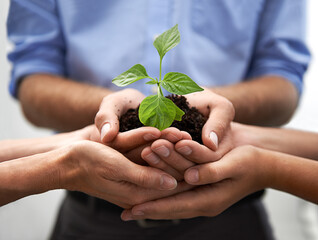 Closeup, group and hands of people, plants and sustainability to start small business, support or...