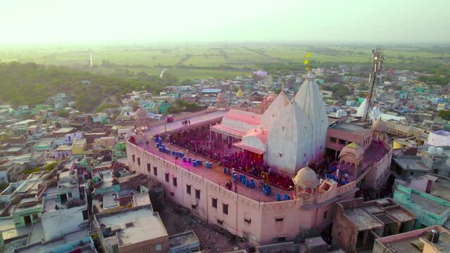 Aerial view of Holi festival celebration near Shri Nand Baba Temple, Nandgaon, Uttar Pradesh, India.