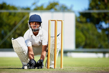 Cricket, sports and a man as wicket keeper on a pitch for training, game or competition. Male athlete behind stumps with gear for action, playing professional sport and exercise for fitness or mockup - obrazy, fototapety, plakaty