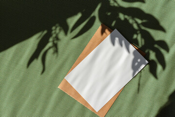 Blank paper card and envelope, floral leaves sun light shadow on green background, mock up with...