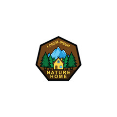 modern flat home nature logo, with a mountainous background and then a combination of pine trees to make this logo look beautiful and pleasing to the eye