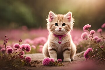 Little cute kitten with a wreath of pink flowers. Created with Generative AI technology - obrazy, fototapety, plakaty