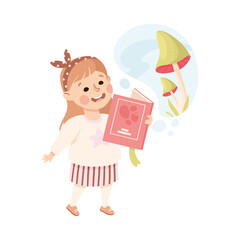 Little Girl Imagining Mushrooms in Bubble Reading Book Having Fantasy Vector Illustration