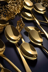 golden cutlery on a black table, Generative AI