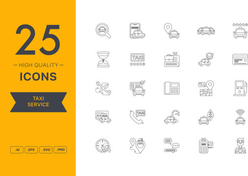 Vector set of Taxi Service icons. The collection comprises 25 vector icons for mobile applications and websites.