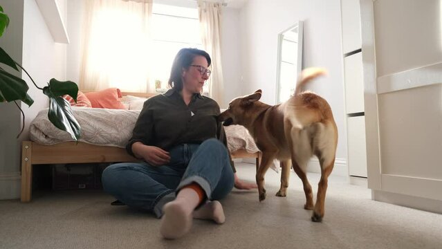 Happy young woman playing with her dog in bedroom