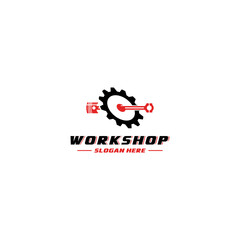 a logo for a workshop with gears and pistons that stab the gears right on target reflecting a workshop that is always on point in repairs