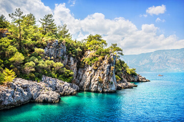 Obraz premium Beautiful stone island in the bay, Sedir Island, Aegean Sea, Marmaris, Turkey